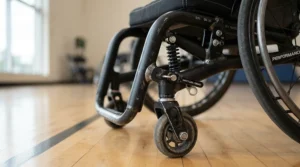 A close-up view of the safety features on an adaptive basketball wheelchair for recreational leagues, showing the anti-tip mechanism.