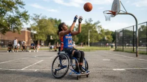 A novice player practicing free throws in an adaptive basketball wheelchair for recreational leagues.