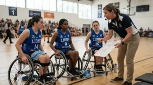 A coach giving tactical advice to athletes sitting in an adaptive basketball wheelchair for recreational leagues.