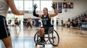 A player demonstrating a defensive block in an adaptive basketball wheelchair for recreational leagues.