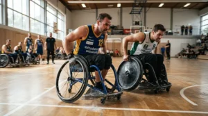 Action shot of players racing down the court in an adaptive basketball wheelchair for recreational leagues.