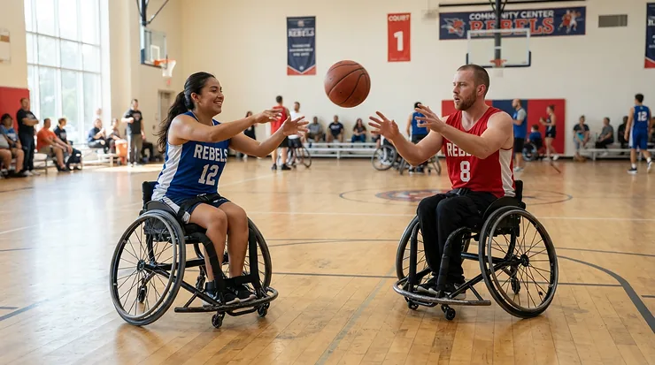 Two teammates practicing passes using an entry-level adaptive basketball wheelchair for recreational leagues.