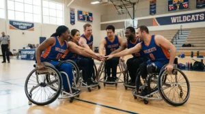 A diverse community team grouping together in their adaptive basketball wheelchairs for recreational leagues.