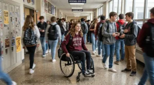 A student navigating a compact teen wheelchair for high school hallways during a busy passing period.
