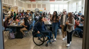 A teenager entering a busy cafeteria using a compact teen wheelchair for high school hallways.