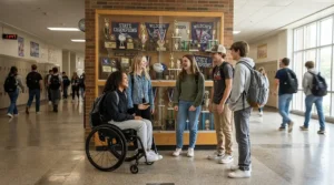 Friends gathered around a student in a compact teen wheelchair for high school hallways.