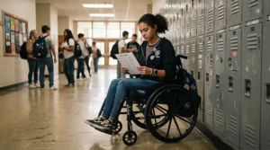 A teenager using a compact teen wheelchair for high school hallways to access rows of student lockers.