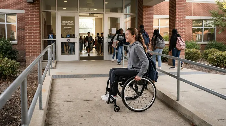 A student rolling a compact teen wheelchair for high school hallways up an ADA-compliant school ramp.