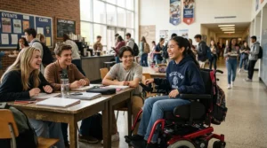A teenager sitting in a colorful and stylish compact teen wheelchair for high school hallways.
