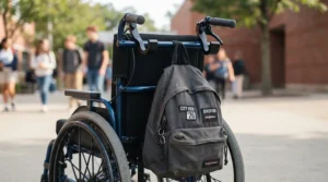 A narrow compact teen wheelchair for high school hallways featuring convenient backpack storage hooks.