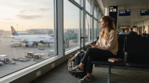 Travel-friendly foldable electric wheelchair for teens shown near an airport boarding gate with luggage