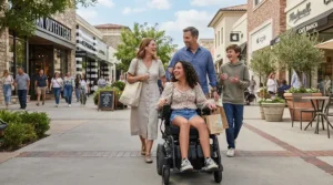 A family walking together with their teen using a foldable electric wheelchair for teens at a city outdoor mall