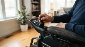 Close-up view of a teen operating the joystick on a foldable electric wheelchair for teens