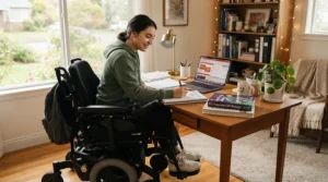A teen relaxing at home beside a compact foldable electric wheelchair for teens parked in a modern living room