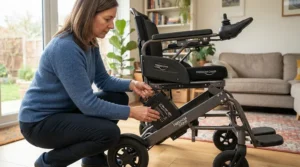 Demonstrating the removable battery pack feature on a foldable electric wheelchair for teens indoors