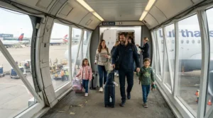 A family boarding a commercial airplane using a foldable kids wheelchair for airplane travel down the jet bridge.