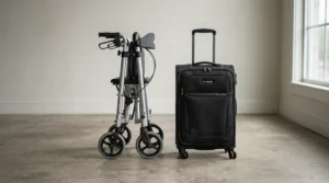 Demonstrating the compact folded dimensions of a foldable kids wheelchair for airplane travel next to a suitcase.