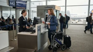 Parents checking in a foldable kids wheelchair for airplane travel at the boarding gate with an airline agent.