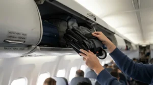 An ultra-compact foldable kids wheelchair for airplane travel being stowed neatly inside an overhead luggage compartment.