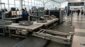 Passing through airport security with a foldable kids wheelchair for airplane travel ready for inspection.