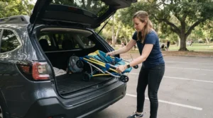 A caregiver folding a compact growth-adjustable wheelchair for kids ages 5 to 10 for easy car trunk storage.