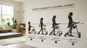 An infographic style illustration of a growth-adjustable wheelchair for kids ages 5 to 10 highlighting multi-year adaptability.