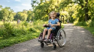 A child enjoying a sunny day at the playground in a durable growth-adjustable wheelchair for kids ages 5 to 10.