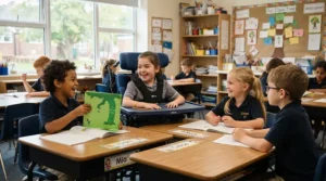 A young student using a growth-adjustable wheelchair for kids ages 5 to 10 while participating in a classroom activity.