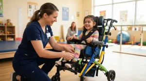 A growth-adjustable wheelchair for kids ages 5 to 10 demonstrating seat depth adjustment in a bright, modern therapy clinic.