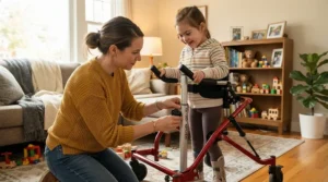 Demonstrating seat-to-floor height adjustment on a growth-adjustable wheelchair for kids ages 5 to 10 at home.