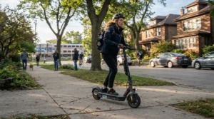 A person riding a high-speed mobility scooter over 10 mph on a suburban sidewalk during the morning commute