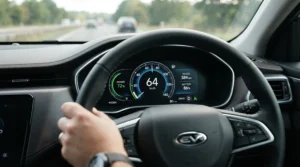 Close-up view of the high-speed mobility scooter over 10 mph motor wattage display on a digital dashboard