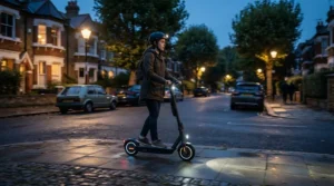 Equipped with bright LED headlights, a high-speed mobility scooter over 10 mph travels down an illuminated street