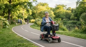 Enjoying a smooth afternoon ride on a high-speed mobility scooter over 10 mph along a paved park trail
