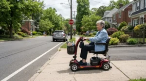 An individual navigating a high-speed mobility scooter over 10 mph responsibly within legal road speed limits