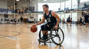 An athlete practicing maneuvers in a lightweight sport wheelchair for beginners on an indoor basketball court.