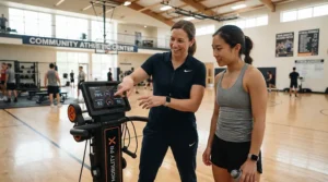 A coach explaining wheelchair mechanics using a lightweight sport wheelchair for beginners in a community center gym.