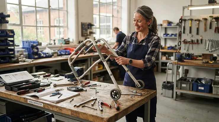 An instructor demonstrating the folding mechanism of a lightweight sport wheelchair for beginners in a bright classroom setting.