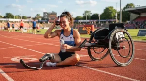 A beginner athlete resting beside a lightweight sport wheelchair for beginners at a sunny outdoor running track.