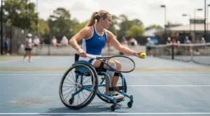 A player getting ready for a match in a lightweight sport wheelchair for beginners on a blue acrylic tennis court.