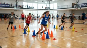 Participants learning agility drills around traffic cones with a lightweight sport wheelchair for beginners at an athletic clinic.