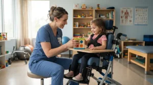 An occupational therapist conducting a seating assessment using a lightweight toddler wheelchair for cerebral palsy.