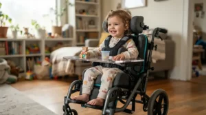 A young child smiling while seated in a lightweight toddler wheelchair for cerebral palsy with custom head support.
