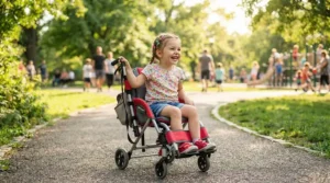 A toddler in a lightweight toddler wheelchair for cerebral palsy enjoying a sunny day at a public park.