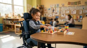 A child participating in classroom activities sitting in a lightweight toddler wheelchair for cerebral palsy.