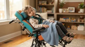 Demonstrating the tilt-in-space feature on a lightweight toddler wheelchair for cerebral palsy indoors.