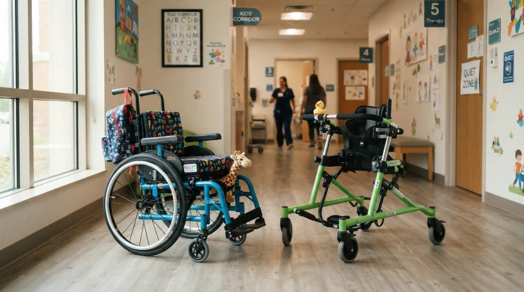 Pediatric transport chair vs self-propelled kids wheelchair comparison in a modern hospital hallway