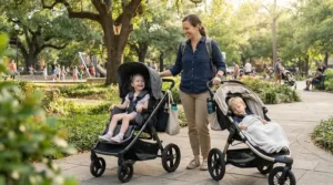 Outdoor view showing a pediatric transport chair vs self-propelled kids wheelchair at a neighborhood park