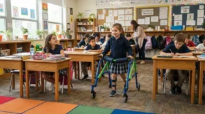 Navigating tight spaces in a school classroom with a pediatric transport chair vs self-propelled kids wheelchair