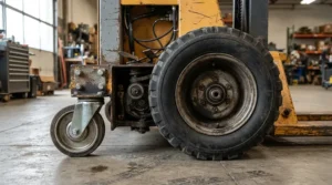 Close-up highlighting small rear wheels versus large rear wheels in a pediatric transport chair vs self-propelled kids wheelchair setup